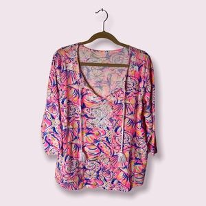 LILLY PULITZER XL Island Tunic Top Blouse Pink Shell Print Embroidered